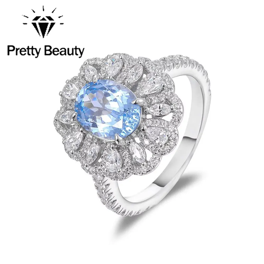 

LinkerLove S925 Silver 2CT Oval Blue Spinel Ring with Zircon Accents Floral Halo Setting Engagement Ring for Women Fine Jewelry