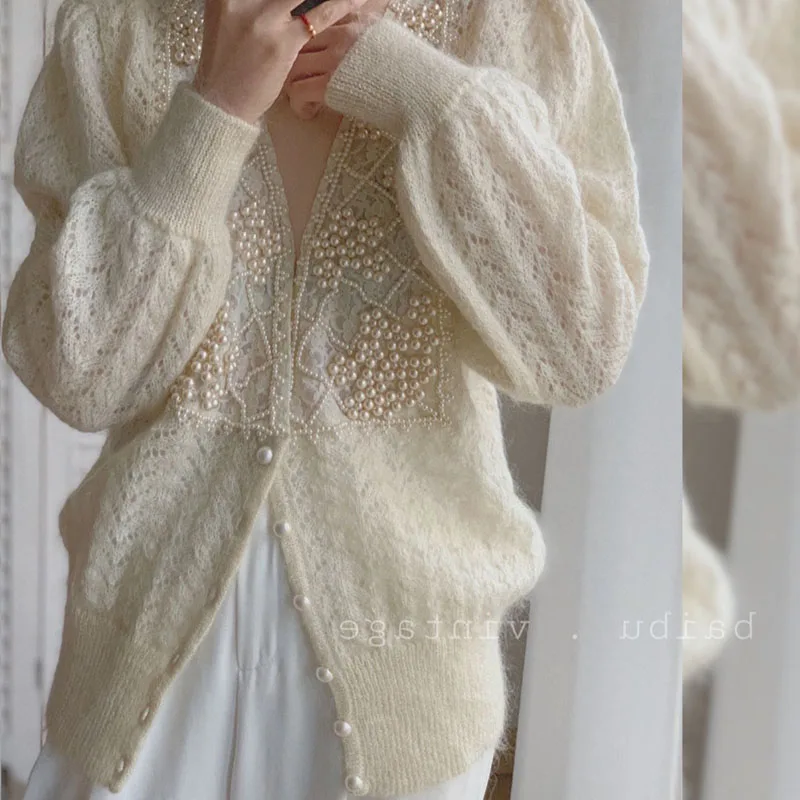Women Luxury Pearls Beaded Mohair Sweater V-neck Hollow Out Thin Loose Knitted Cardigan Korean Elegant Long Sleeved Spring Top