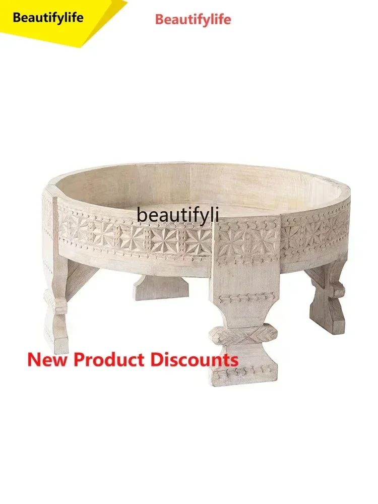 

Q181 l Solid wood round coffee table, household living room balcony retro side table small round table
