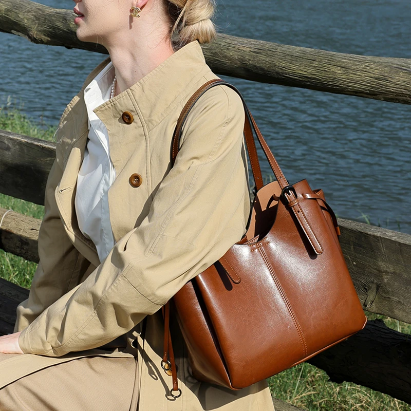 HIFASHION Vintage Oil Wax Genuine Leather Tote Bag Women Retro Medium Cowhide Bucket Shoulder Bags Work Tablet Ladies Handbags