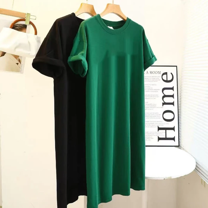 Loose Short Sleeve T-Shirt Dress Korean Style Hong Kong Style Design Open Split Outerwear Suitable Summer Straight Cut Dress