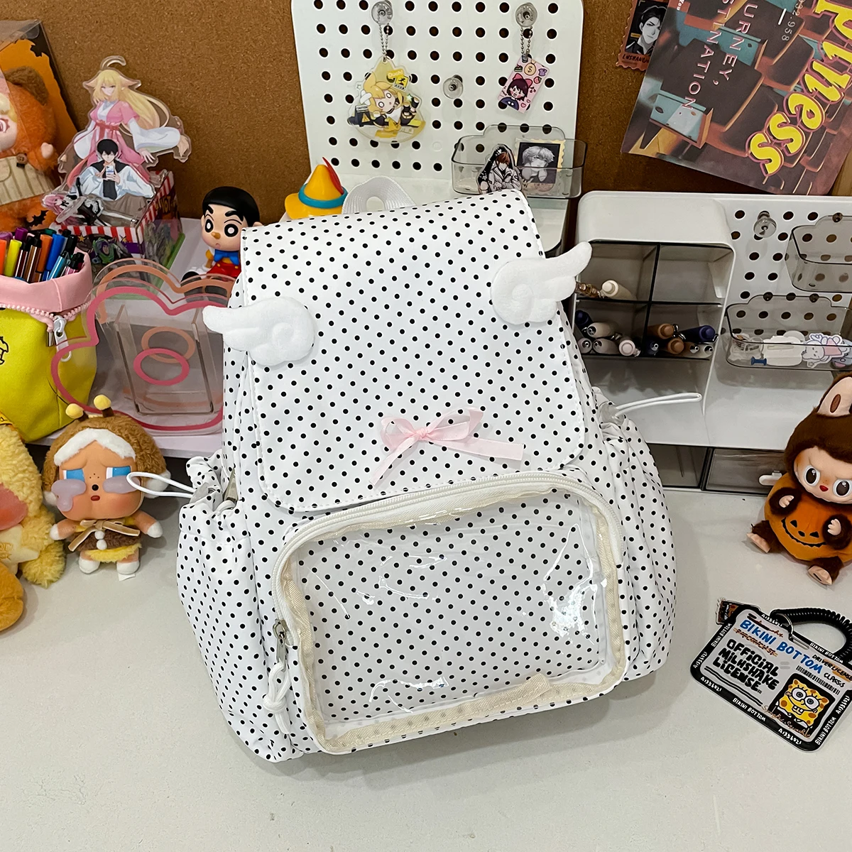 Girls Sweet Polka Dot Ita Backpack Bow Design Clear Window Display Bag Kawaii School Bag for Kpop Anime Pins Badges Collection