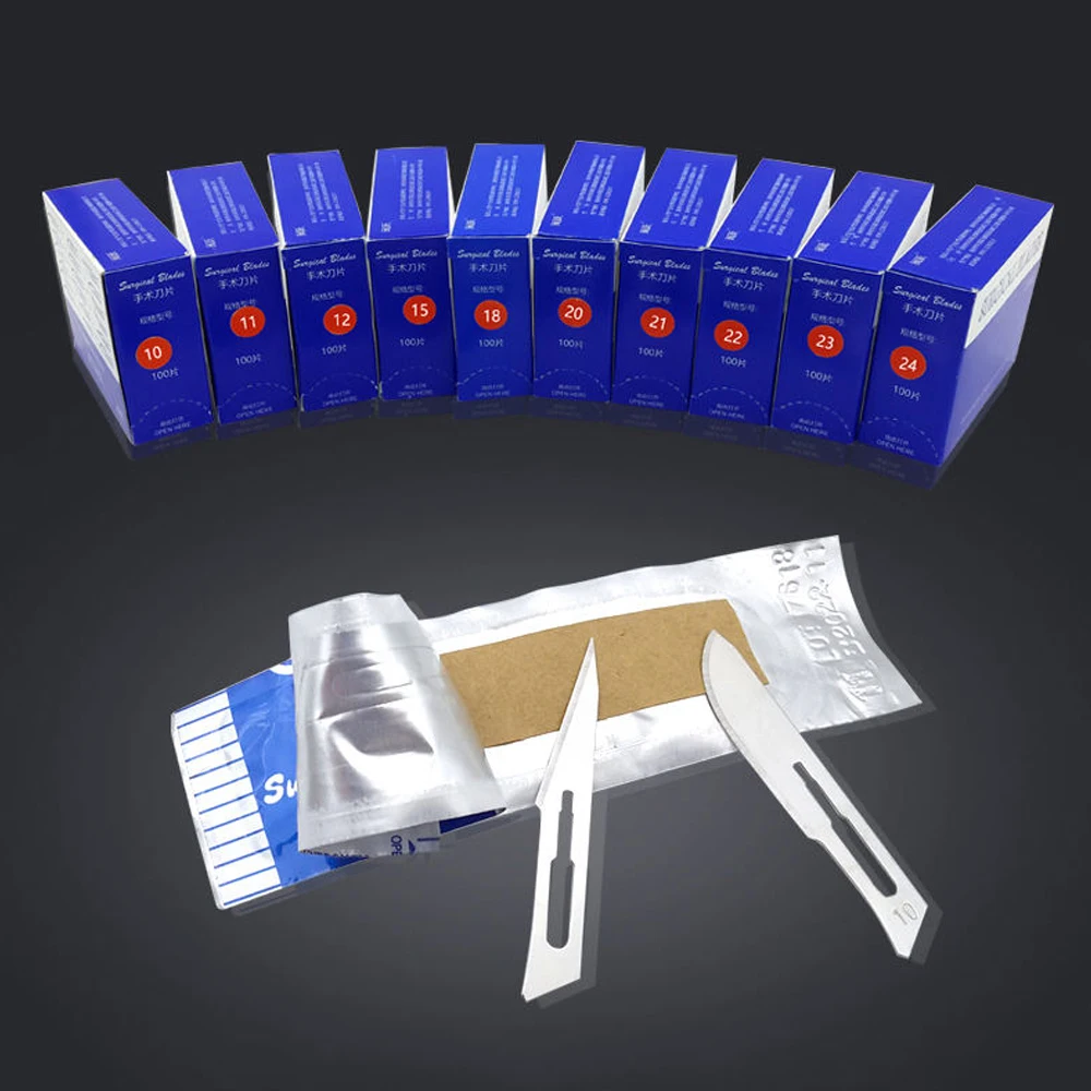 

100 шт./кор., стоматологическое хирургическое лезвие, стерилизованные медицинские лезвия, скальпель, нож, ручка, хирургическое лезвие из углеродистой стали