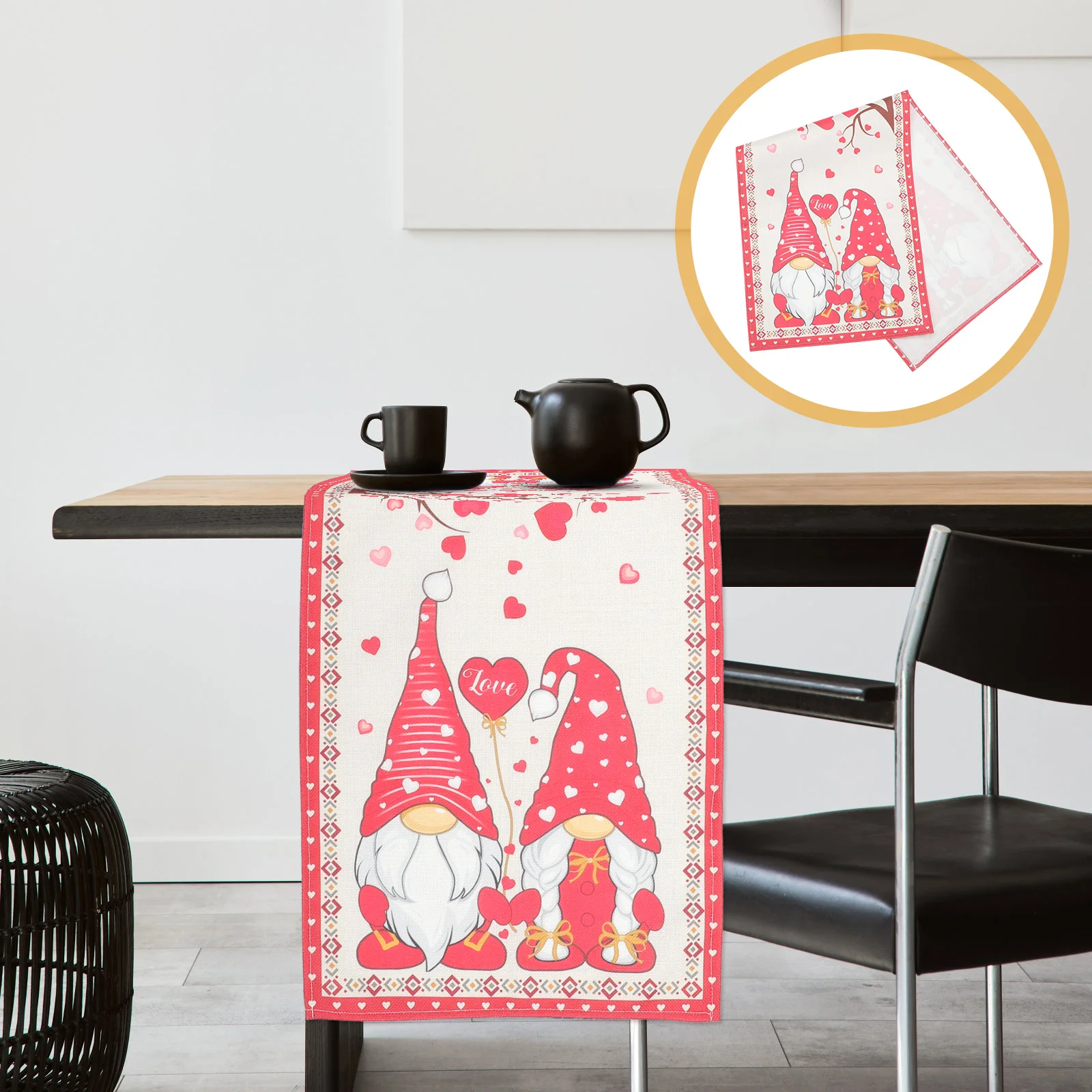 

Waterproof Heart Table Runner Valentines Theme Gnome Design Cotton Linen Material for Dining Table Decoration Holiday Party Home