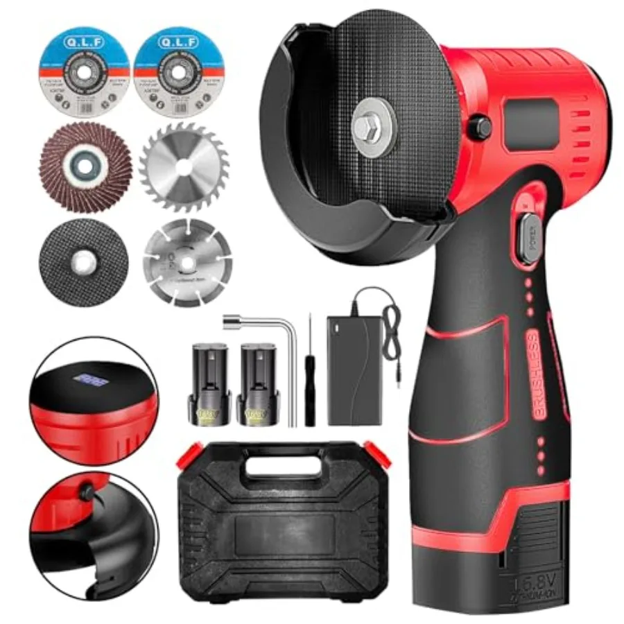 

Brushless Cordless Angle Grinder Kit 19500rpm Mini Electric Angle Grinding Tool with 2x16.8V 2000mAh Battery and 6-Cutting Disc