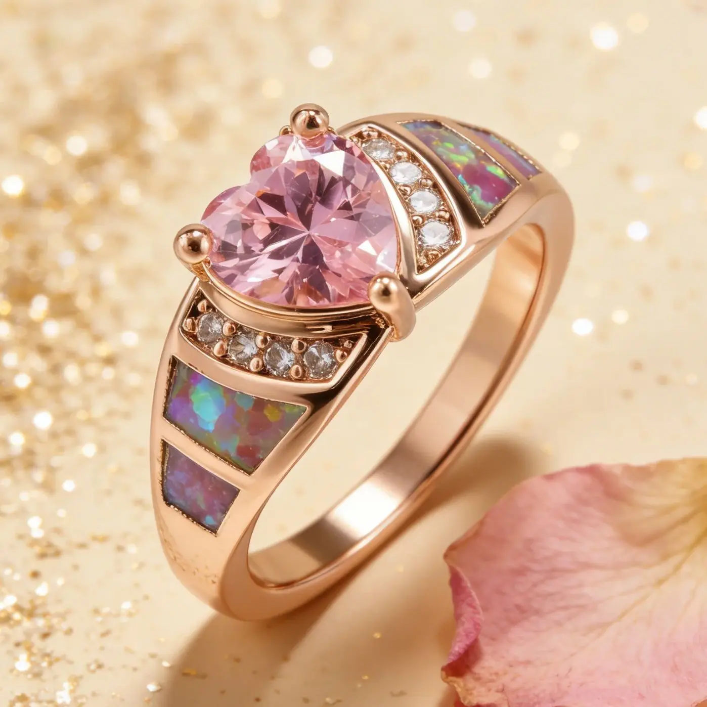 Anillo Vintage con Halo de Ópalo Rosa y Circonita, Joyería de Compromiso y Boda con Ópalo y Circonita Cúbica, Regalo Romántico para Pedida de Mano