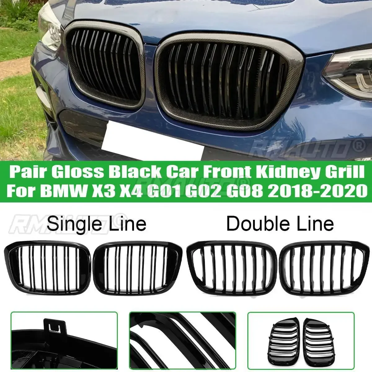 

2PCS Front Grille Kidney Grill Double Slat For 3 4 X3 X4 G01 G02 G08 2018 2019 2020 Racing Grills Car Styling Accessories