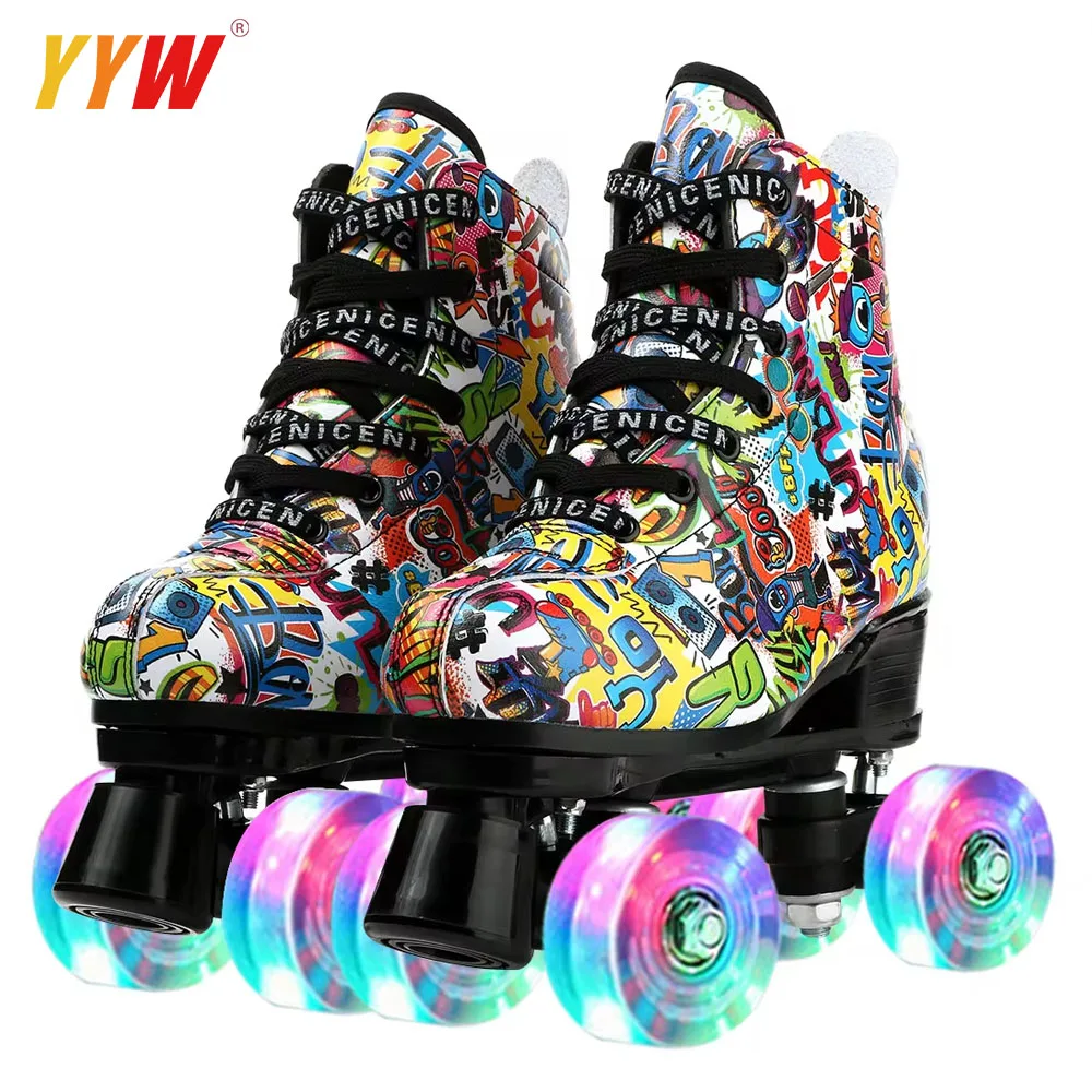 Graffiti Rolschaatsen Volwassen Dubbele Rij Skates Microfiber Leer Ijsbaan Rolschaatsen Flash Vier Wielen Rolschaatsen