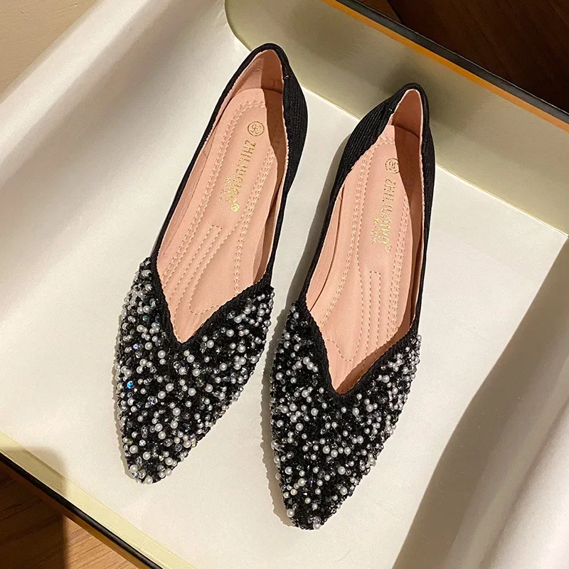 2024 Autumn Women's Bohemian Shoes Rhinestone Decoration Pointed Toe Flat New Fashion Party Dress Shoes Rhinestone Women Shoe