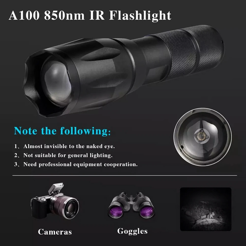 ANEKIM IR Flashlight 850nm IR Illuminator Flashlight  Zoom Infrared Night Vision Light,Hunting Infrared Light for Night Vision