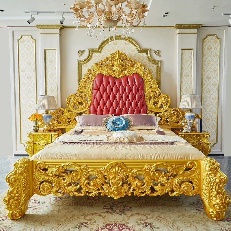 European-style leather bed American-style villa solid wood carved palace golden domineering bed master bedroom 2.3 meters