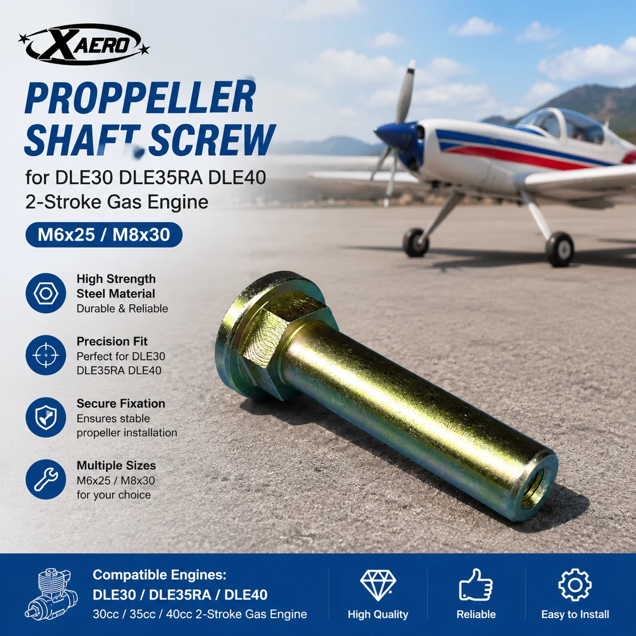 DLE30 DLE35RA DLE40 Propeller Shaft Screw for 30cc 35cc 40cc 2-Stroke Gas Engine, RC Airplane Motor Parts (M6x25/M8x30)