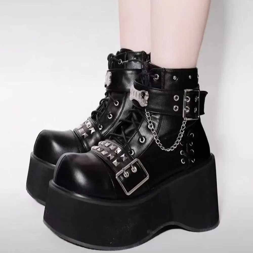 

Fashion Big Size35- 42 Black Gothic Motorcycle Boots Zip High Heel Punk Rivets Chunky Platform Mid-Calf Women Boots Shoes Women