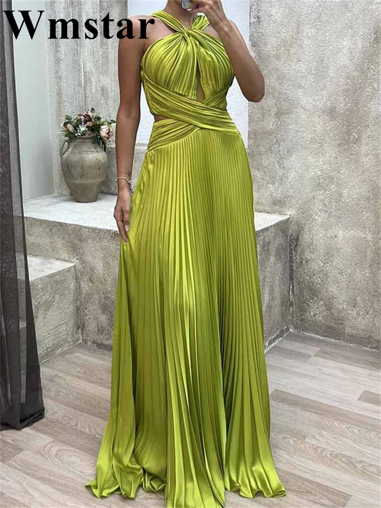 Wmstar Women Party Dress Sexy Pleated Slit Satin Solid Color Halter Sleeveless Club Fashion High Waist Birthday Evening Dresses