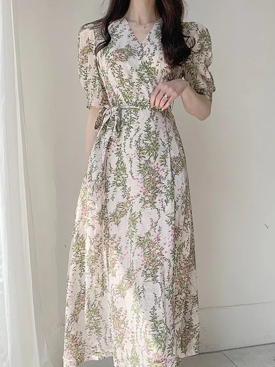 

Retro Ele One-Piece Floral Tie-Detail V-Ne Midi Dr Women's Summer New Sle Classy Chiffon Long Skirt Commute Wear