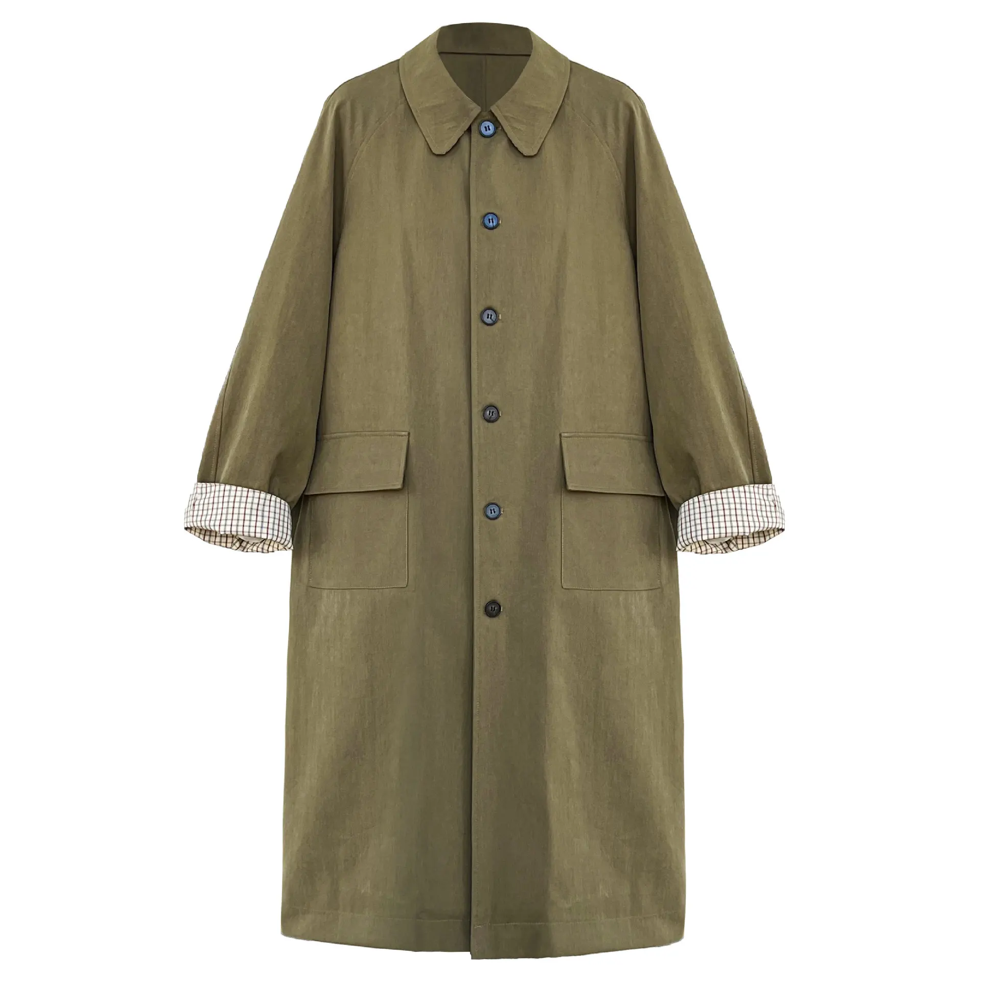 

Women Coffee Plaid Color-block Big Size Trench New Lapel Long Sleeve Windbreaker Fashion Tide Spring Autumn