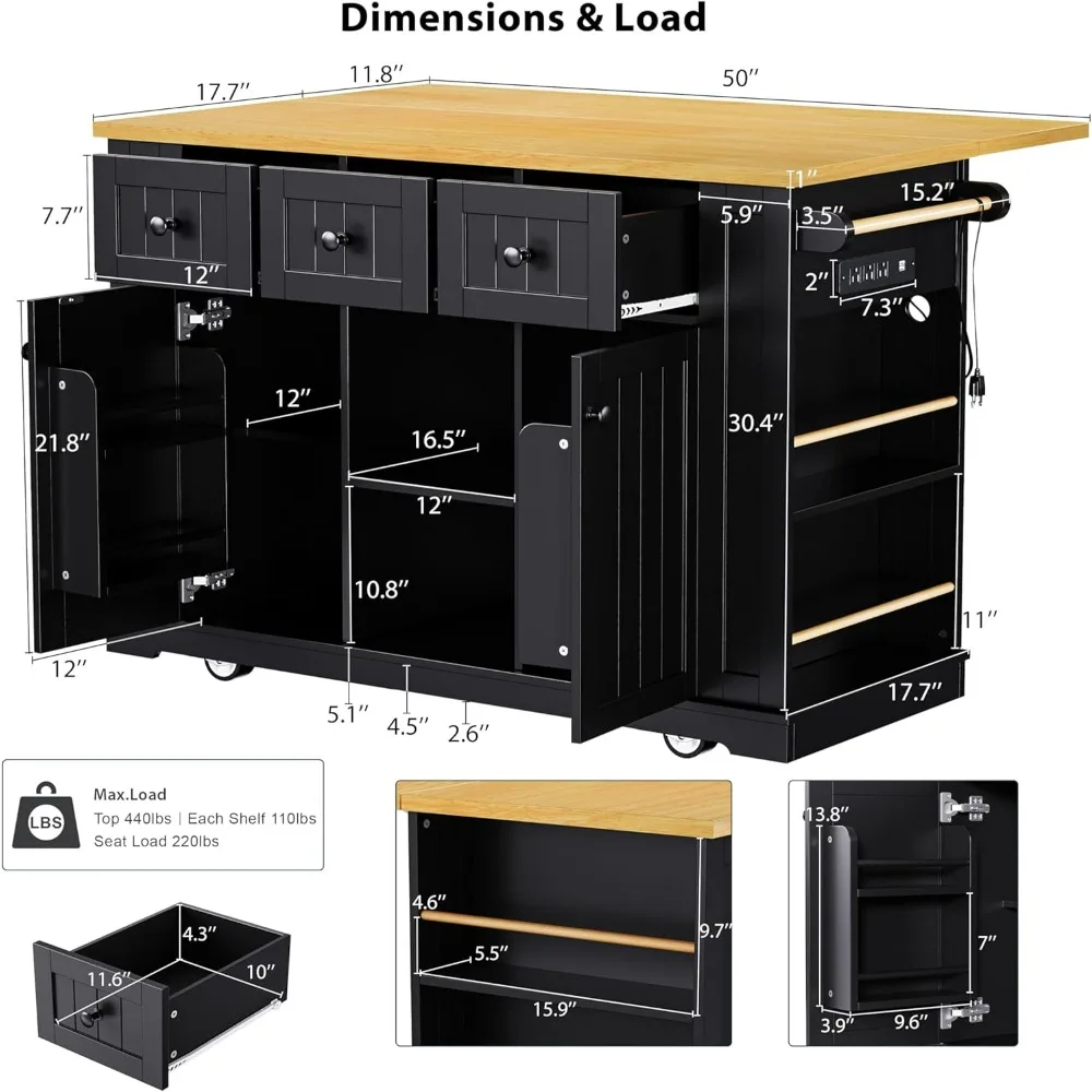 Kitchen Storage Island on Wheels with 2 Bar Stools, Rolling Drop Leaf Kitchen Island Cart with Power Outlet, Open Side Racks