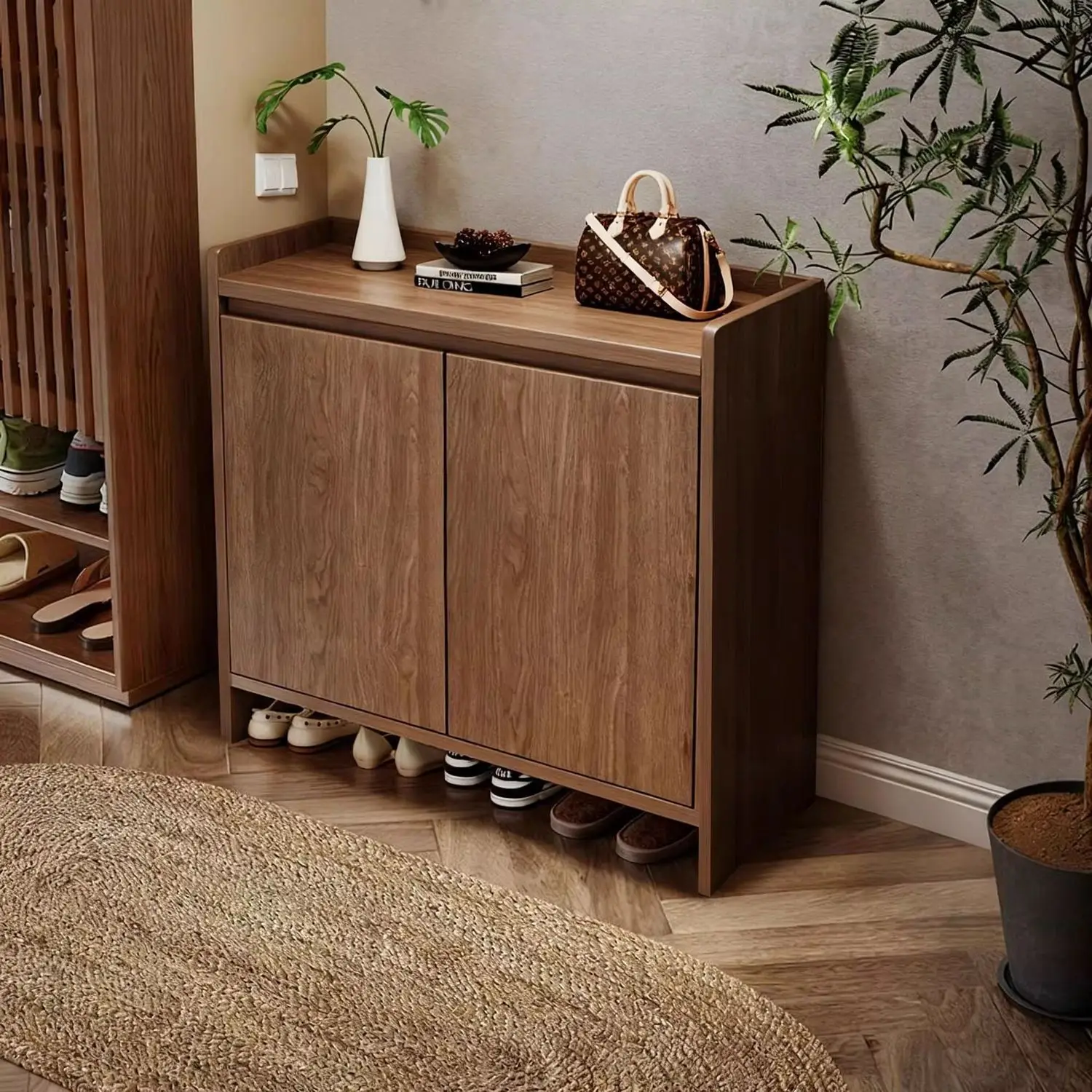 Solid wood shoe cabinet Household entrance entrance cabinet integrated against the wall and outside the door corridor storage ca