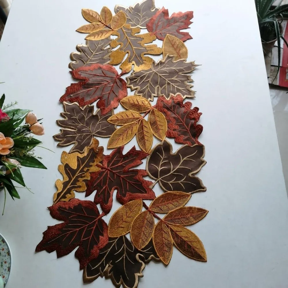 Rustic Maple Leaf Embroidered Table Runner Multicolor Hollow Dinner Mat Leaf Pattern Tabletop Placemat Farmhouse Dining