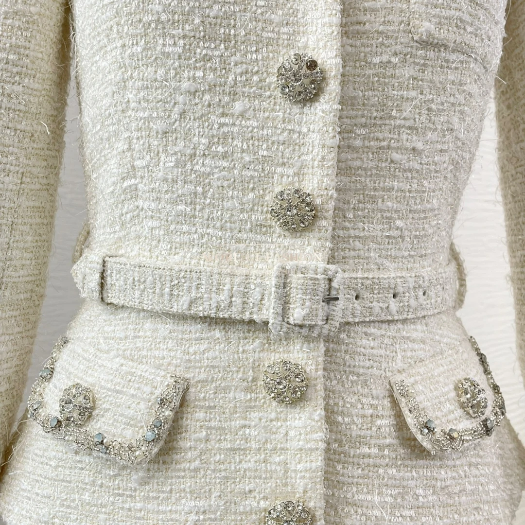 

Top Quality Ivory Long Sleeve Tweed Patchwork Ruched Pleat Fake Two Piece Blouse Tops and Skirt Set