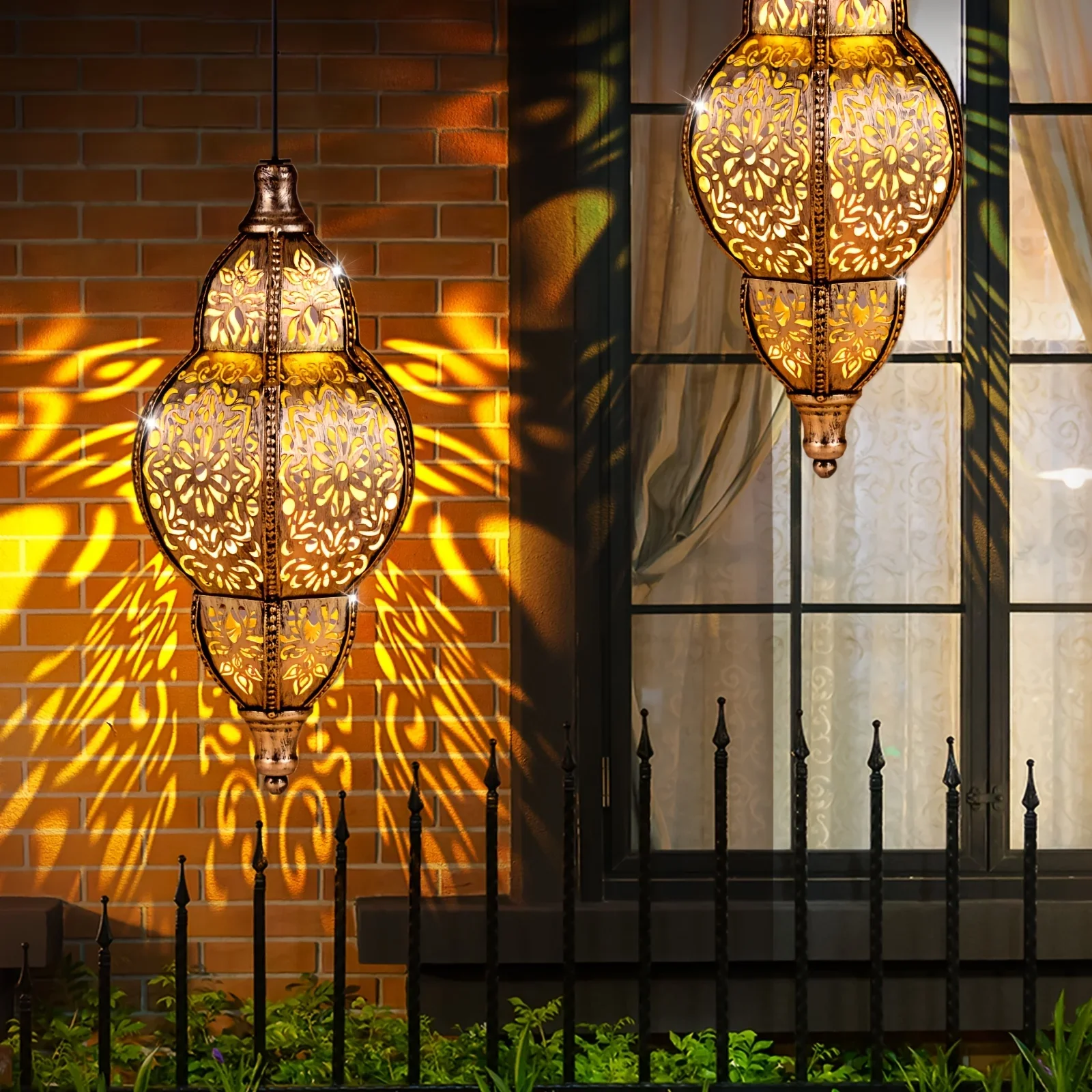 أضواء الشمسية في الهواء الطلق قلادة ضوء الحديد الجوف خارج العارض فانوس الشرفة أضواء الزخرفية للفناء حديقة ديكور سطح الحديقة #4