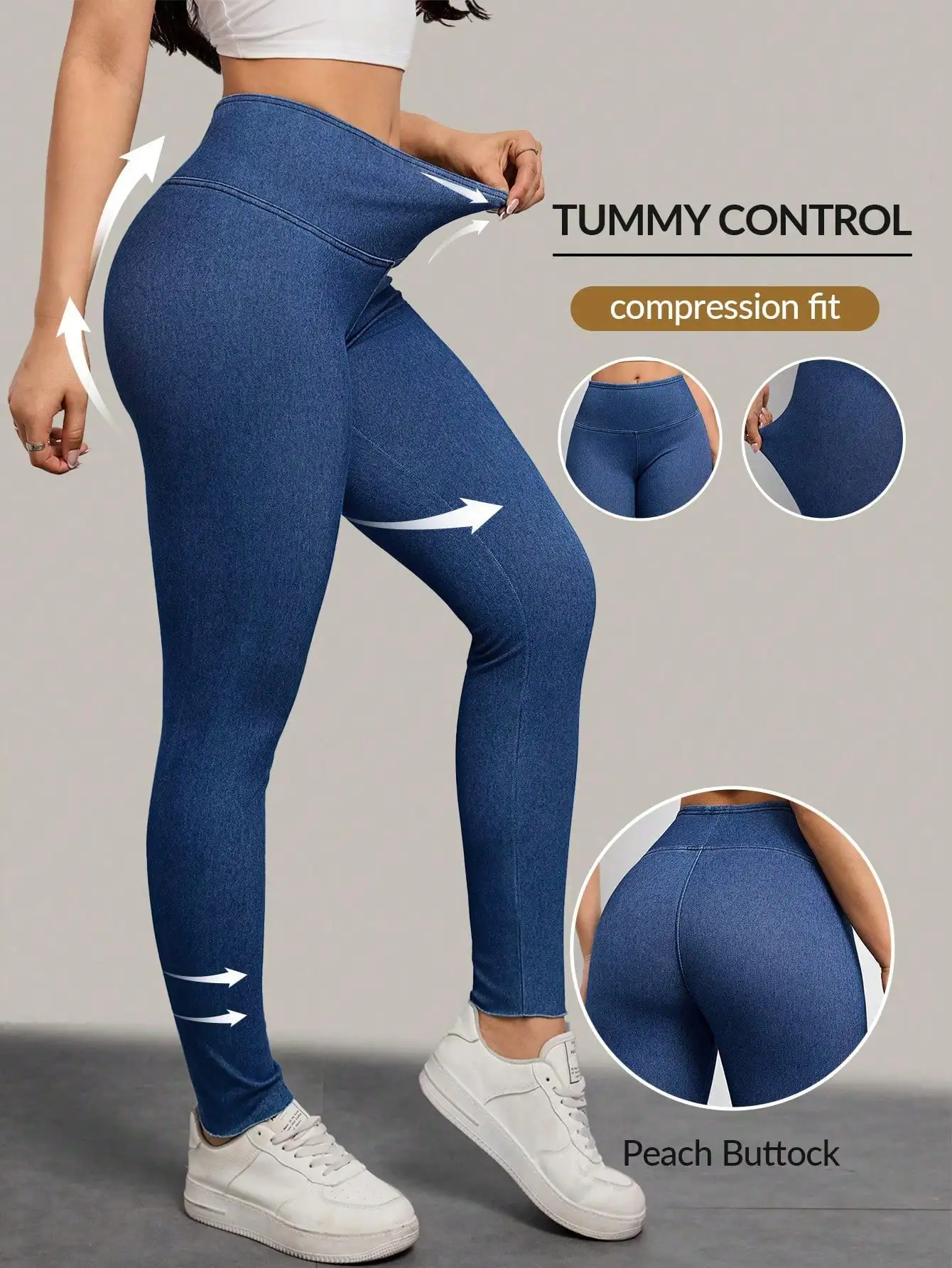 

Женские джинсовые леггинсы с высокой талией, эластичные, с эффектом утягивания живота и дизайном для придания формы ягодицам (эффект «персиковых ягодиц»)