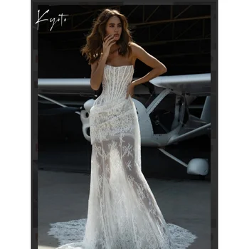 فستان زفاف كيوتو مخصص بطيات من الدانتيل على شكل زهرة غمد بدو...