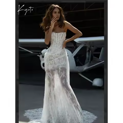 Kyoto Customized Pleated Lace Flower Sheath Wedding Dress Strapless Detachable Train vestidos de novia Exquisite Evening Dresses