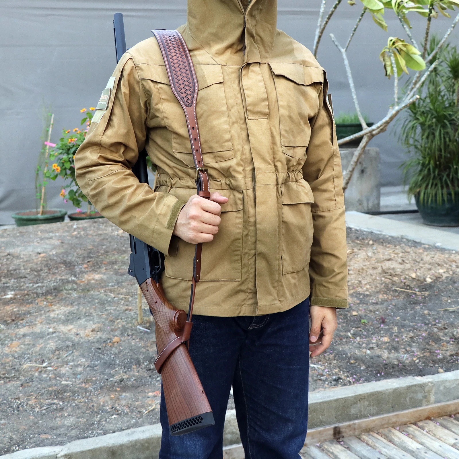 tourbon-shooting-rifle-sling-thick-leather-gun-carry-strap-vintage-shoulder-strap-length-adjustable-brown-hunting-accessories