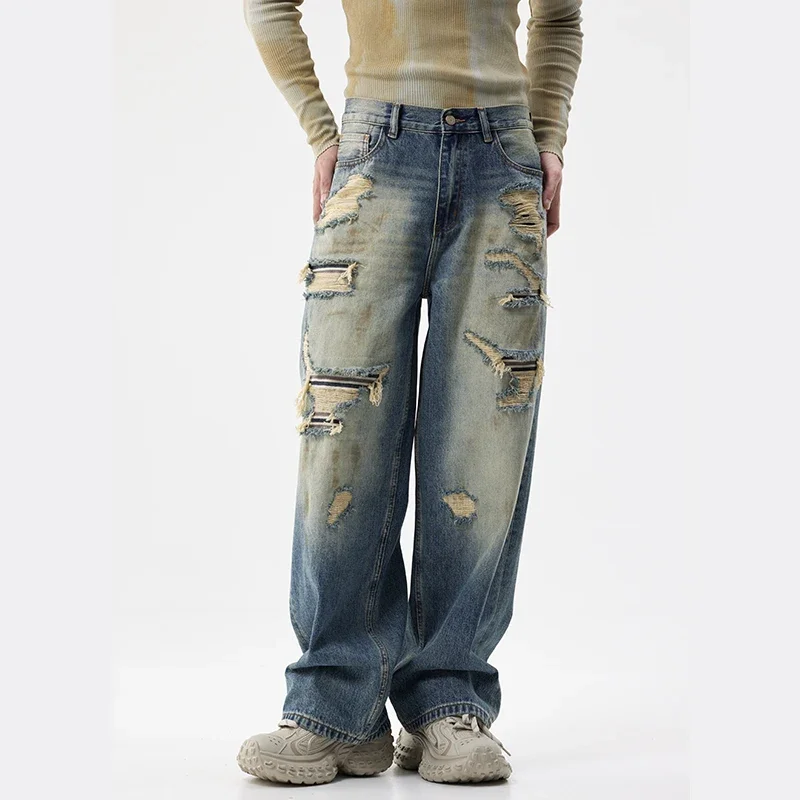 Men Boyfriend Plus Size Baggy Jeans Streetwear Fashion High Street Hip Hop Broken Hole Wide Leg Denim Ripped Jeans Pants Trouser
