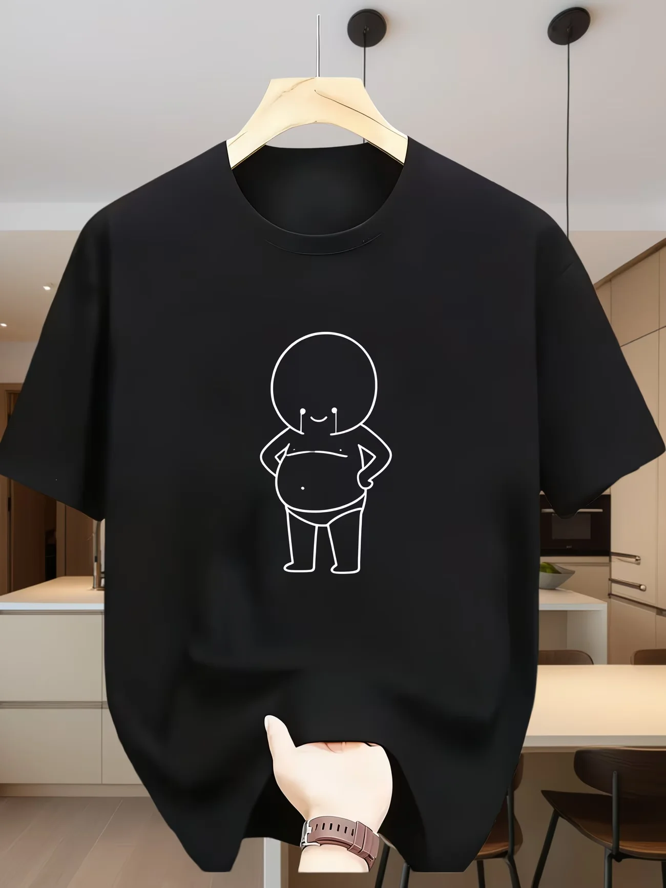 Funny Big Belly Cartoon Graphic T Shirt Humorous Line Art Summer Short Sleeve Loose Top Harajuku Aesthetic Black Tee for Men