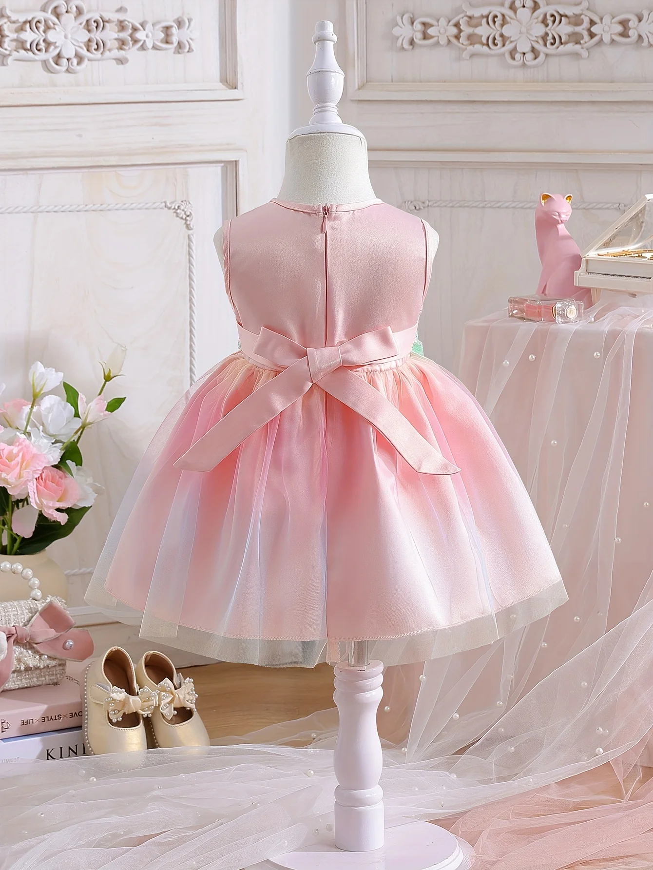 Flower-patterned sleeveless princess dress in pink for baby girl in summer, baby girl's outfit today, Valentine's Day gift