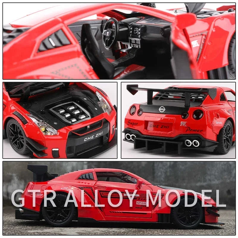 Skyline ares Nissan GTR R34 R35-合金スポーツカーモデル,ダイキャストメタルレーシングカー,音と光のシミュレーション,子供向けギフト,1:24