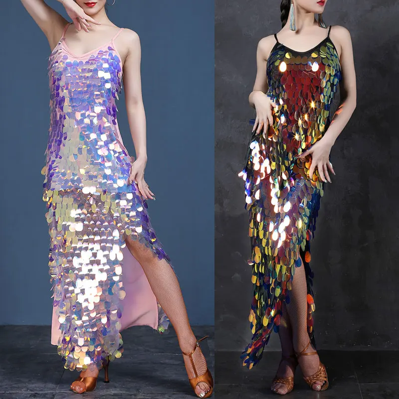 Women Sequins Sparkly Latin Dance Rave Outfits Skirt Dress Lady Fringe Ballroom Samba Stage Lesson Dancewear Costume Clothing