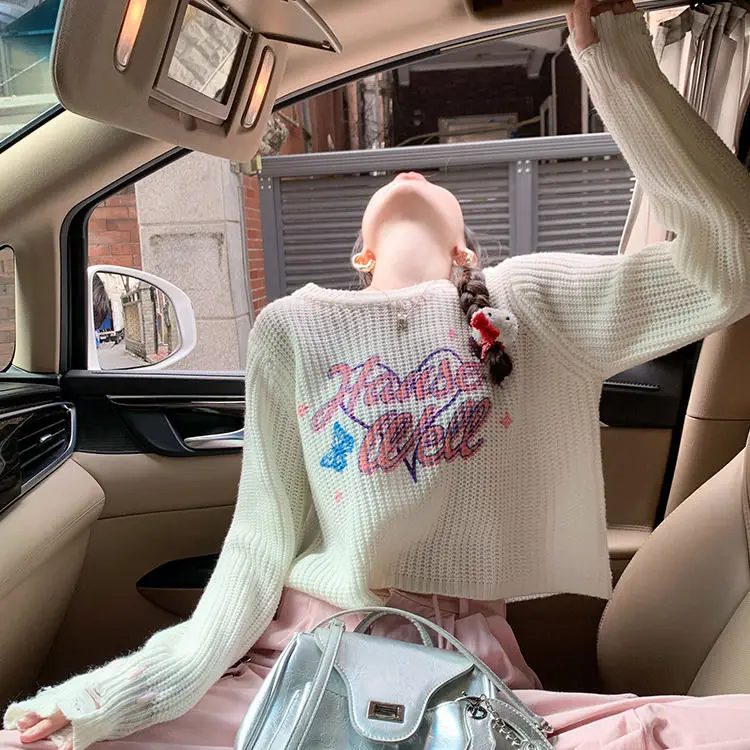 

Sweetheart Sweet Hollow Print Cropped Top Women's Spring Loose Thin Knitted Sweater