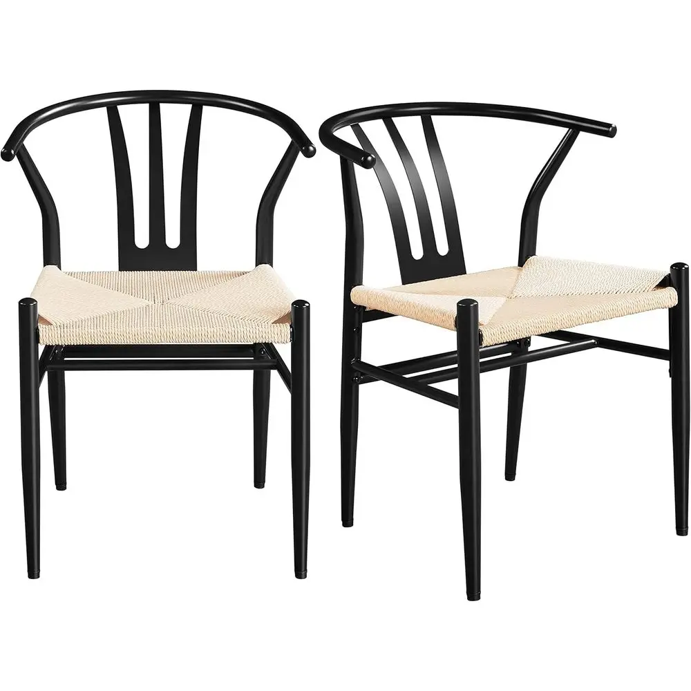 

Modern Dining Chairs Set of 2 - Contemporary Weave Hemp Seat Chairs with Metal Legs for Kitchen, Living Room, Restaurant, Black