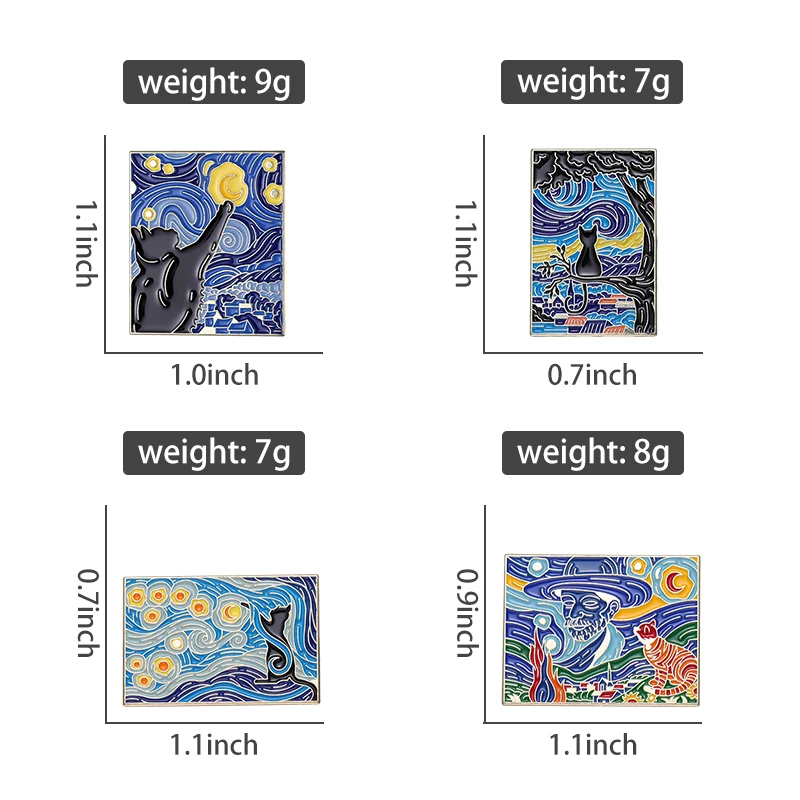 Van Gogh Oil Painting Enamel Pins Custom Starry Night Cats Brooches Lapel Badges Fun Animal Art Jewelry Gift for Kids Friends