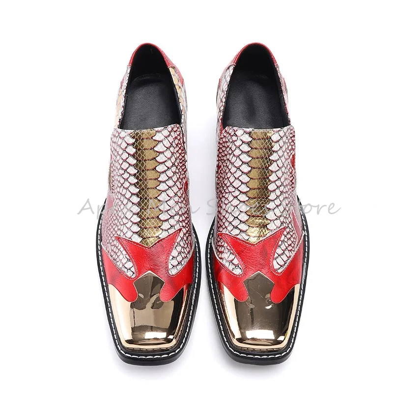 Red Snake Pattern Metal Square Toe Brogues Chunky Heel Slip On Handmade Comfortable Dress Shoes Spring New Men's Work Shoes