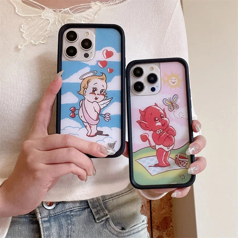 Fashion Wildflower 3D Flame Angel Devi Deer Unicorn WF Cartoon Phone Case For iPhone 13 12 14 15 16Pro Max WF Luxury Metal Cover