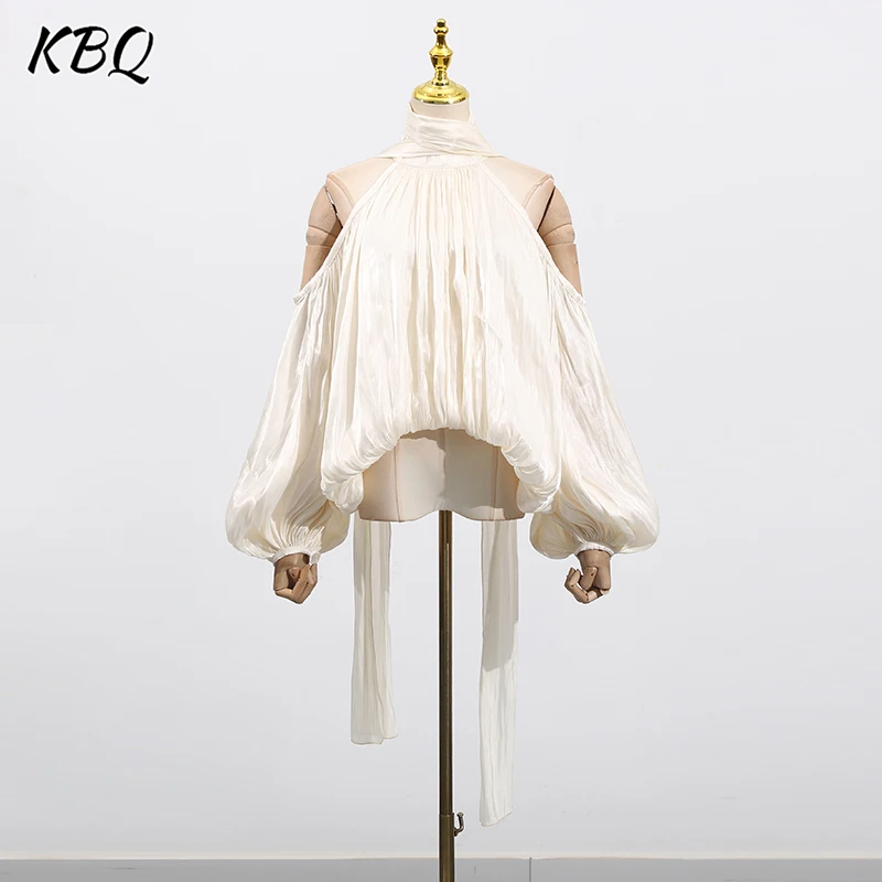 

KBQ Loose Folds Solid Elegant Chic Blouse for Women Round Neck Off Shoulder Sleeve Daily Commute Shirts Female Fashion Style New
