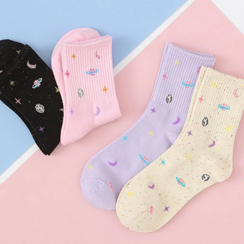 Calcetines informales Kawaii de algodón para mujer, medias con estampado de dibujos animados, Planeta y Luna, versión coreana