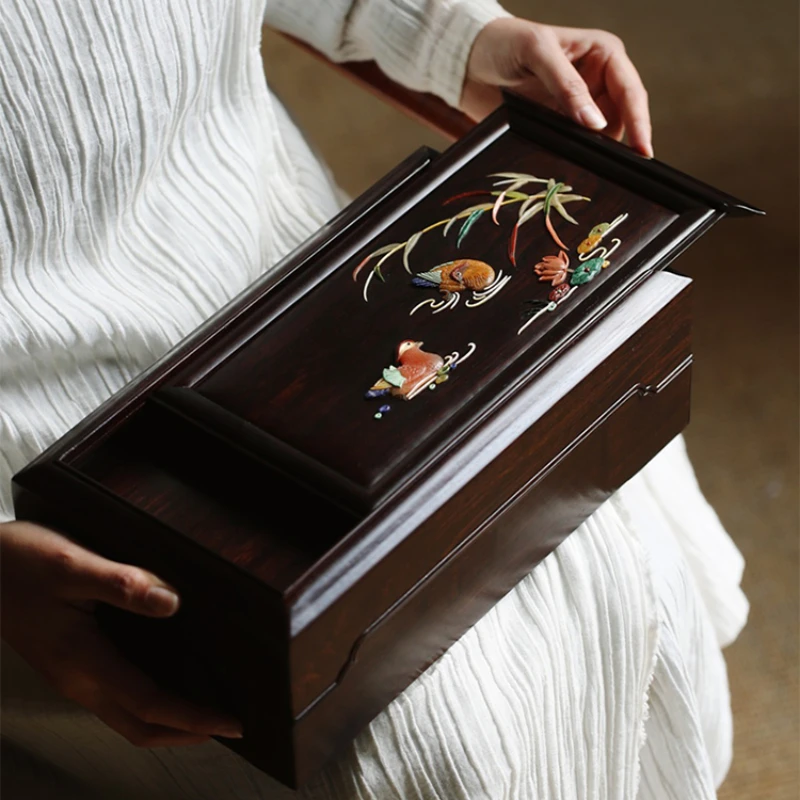 

Purple Light Sandalwood Mechanism Hundred Treasures Inlaid Jewelry Storage Box High end Redwood Stationery