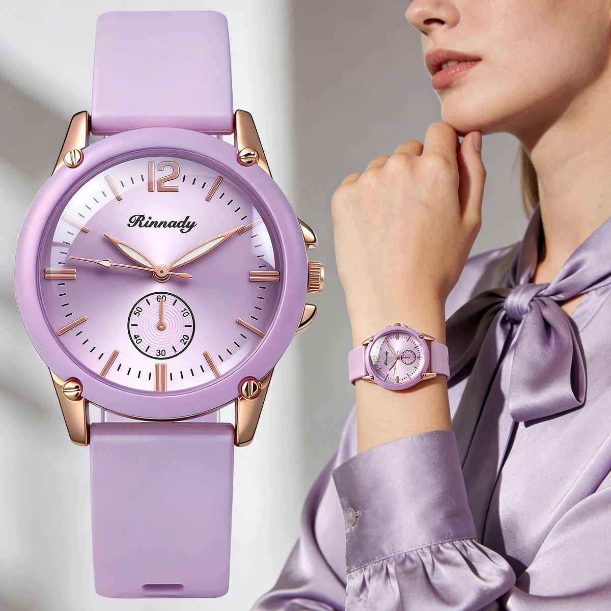 Cute Purple Silicone Band Women Quartz Watches Large Round Dial Small Chronograph Subdial Ladies Daily Women Quartz Watches