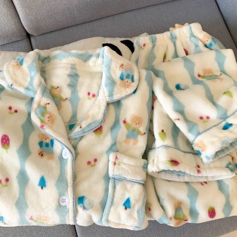 

Stripe Bear Fluffy Pajamas Aesthetic Kawaii Flannel Warm Christmas PJ Set Sleepwear Women Winter Korean Button Fleece Nightwear
