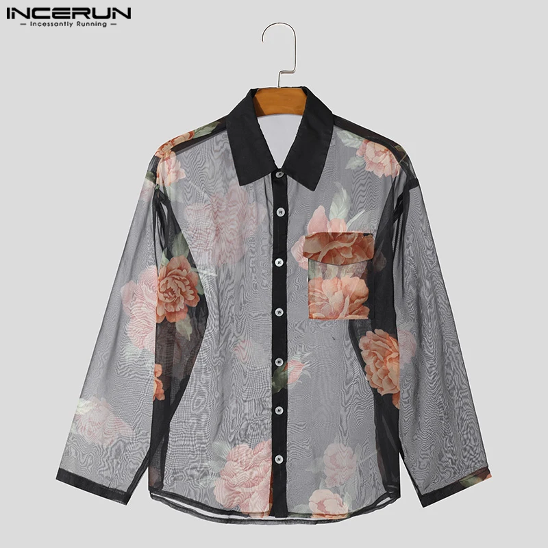 INCERUN Men Shirt Flower Printing Chiffon Lapel Long Sleeve Transparent Men Clothing Loose Streetwear 2024 Fashion Camisas S-5XL