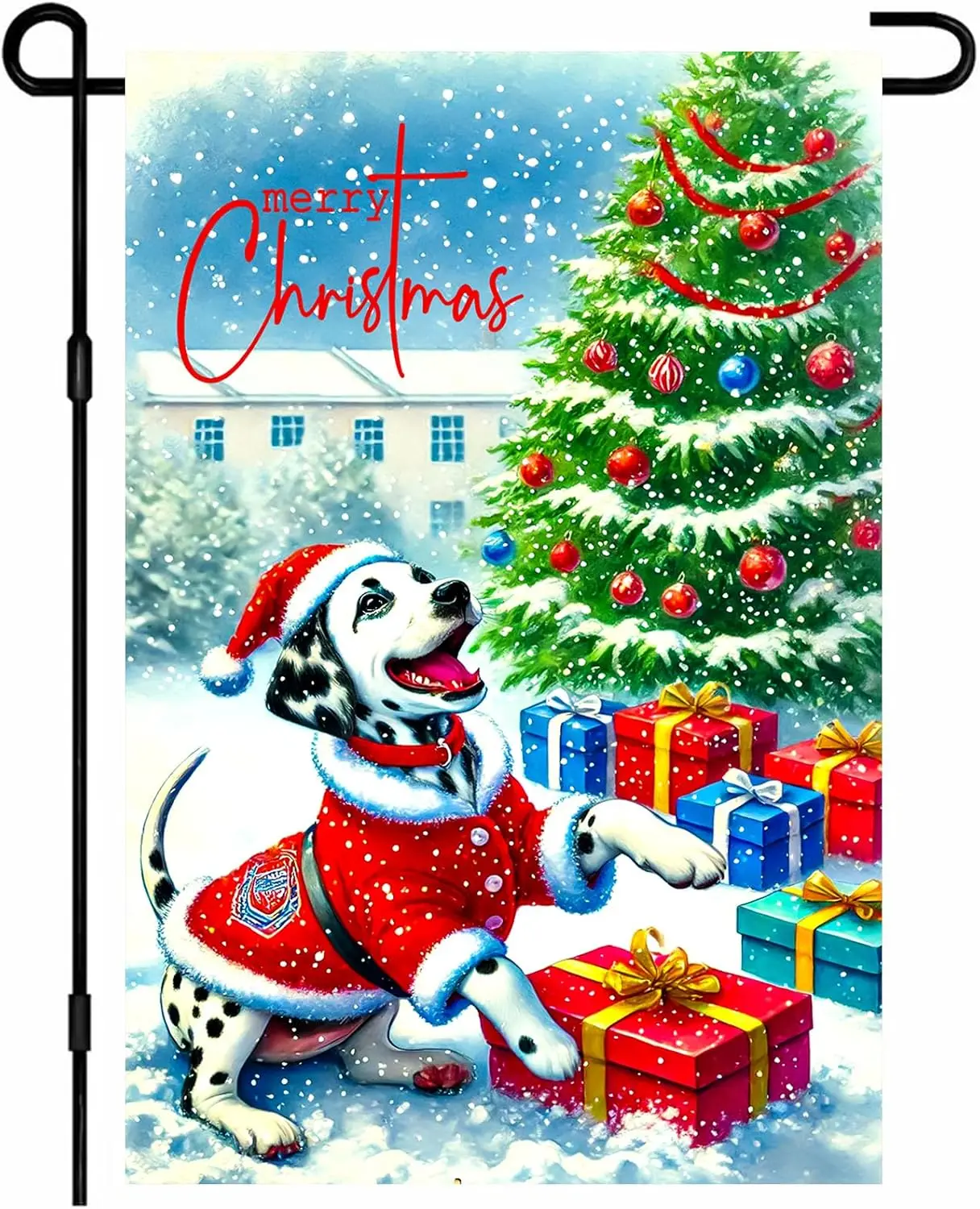 Christmas Welcome Garden Flag With Dalmatian Dog In Santa Outfit Christmas Tree Gifts And Snowflakes Double-Sided Design For yyi