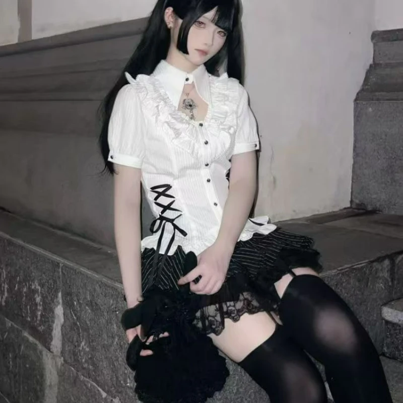Japanese Gothic Style Lolita 2 Piece Sets Women Sweet White Bandage Blouses High Waist Bow Stripe Mini Skirts Kawaii Y2k Outfits view 3
