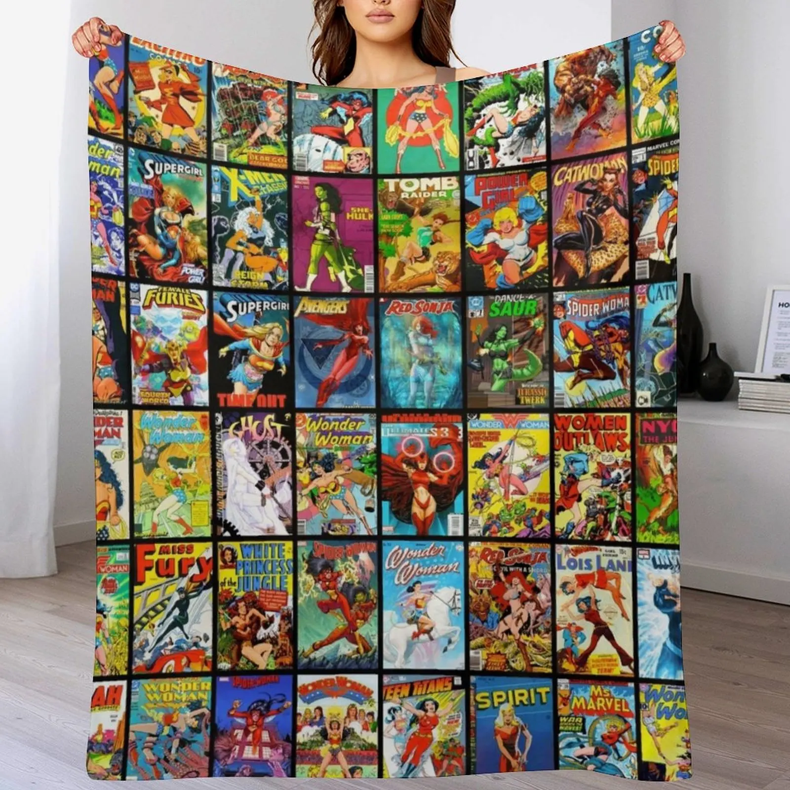 

Female Superhero Vintage Comic Book Collection Retro Pattern Throw Blanket manga Decorative Beds Blankets