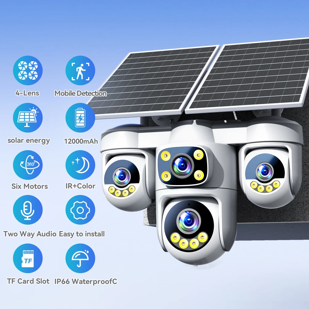 Wireless Solar 4G Security Camera 20MP Six Motors 4 Lens 4 Screens A0V Recording with 12000mAh 360° Auto Tracking Alarm CCTV view 2