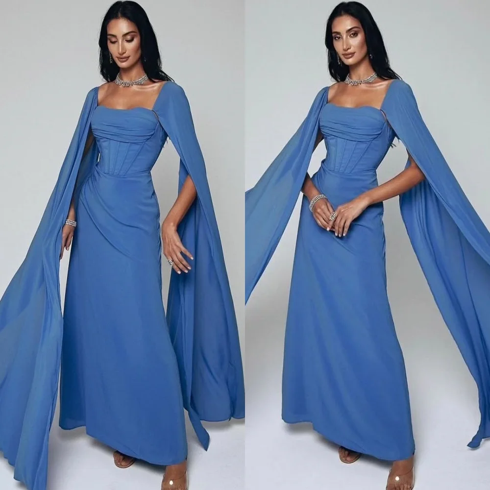 فستان حفلات شيفون أزرق مخصص في المملكة العربية السعودية أنيق بياقة مربعة على شكل حرف a فستان سهرة كلاسيكي بطول الأرض فساتين المشاهير